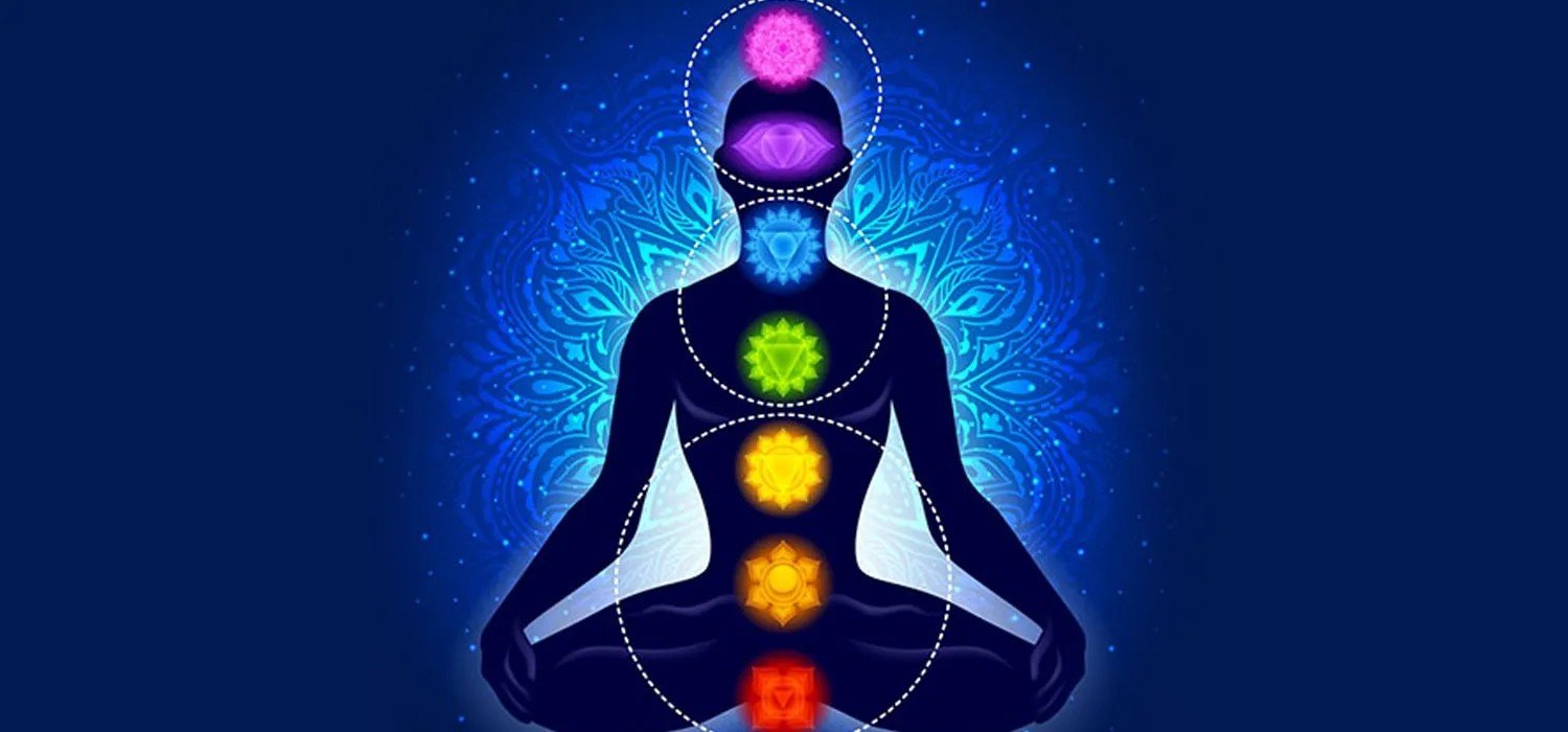 Person's silhouette with glowing chakra points and a colourful aura halo